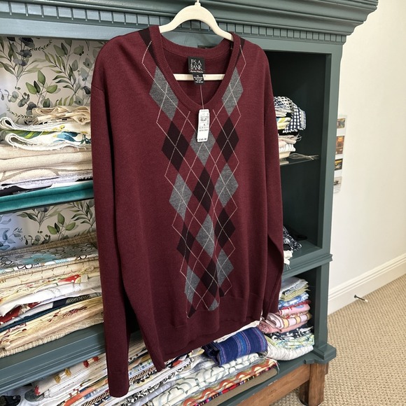 Jos A Bank Sweater Mens XL Maroon 100% Merino Wool Argyle Pullover Stretch NWT - Picture 4 of 6
